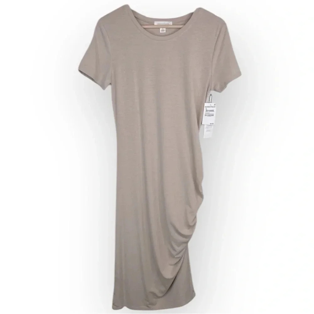 Treasure & Bond Women's Beige Oatmeal Ruched Side T-Shirt Midi Dress Size M